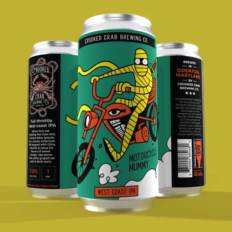 Motorcycle Mummy West Coast IPA can artwork - illustrated craft beer label design.