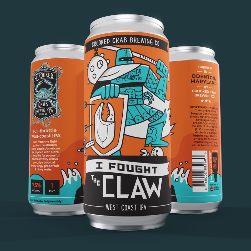 I Fought the Claw West Coast IPA can design - illustrated robot and crab artwork for Crooked Crab Brewing Co.