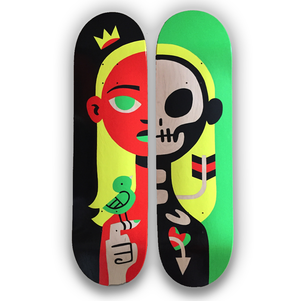 Two skateboards with girl and skeleton