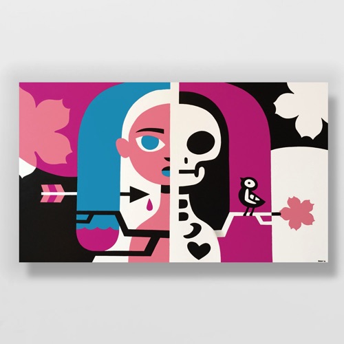 Abstract half girl half skeleton with cherry blossoms