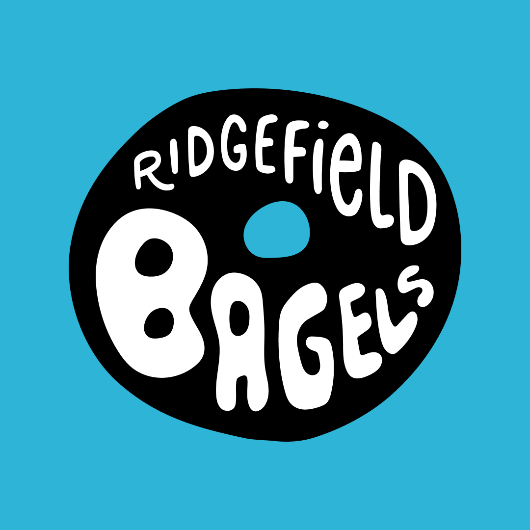 Ridgefield Bagels logo — black oval bagel mark on blue background