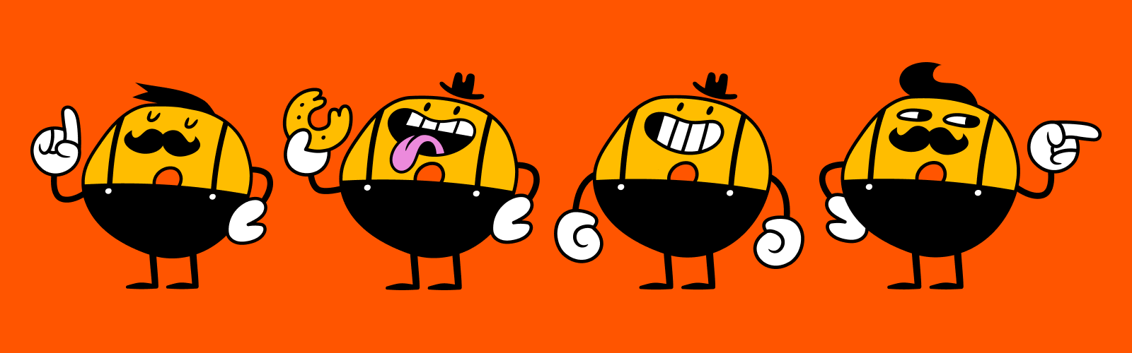 Four bagel mascot character poses on orange background