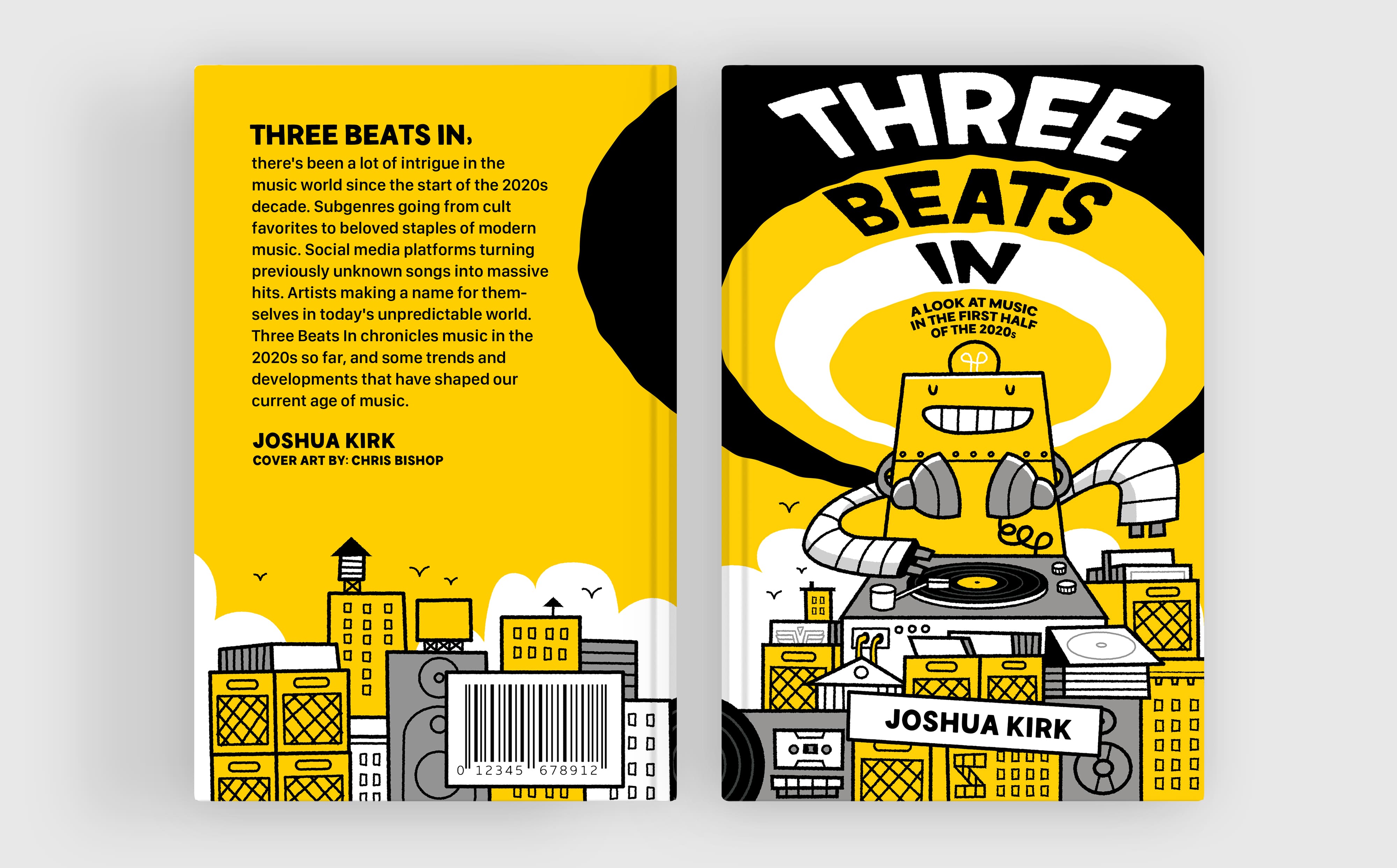 Three Beats In hardcover mockup - front and back cover featuring a robot DJ and bold yellow cityscape